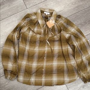 Blu pepper Plaid Button-Up Blouse new